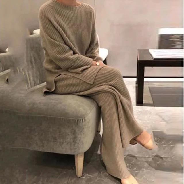 2022 Knitted Sweater Suit Women Elegant Solid O-Neck Pullovers+Wide Leg Pants Suit Lady Autumn Winter Soft 2 Piece Set Homewear - Novo Fusion