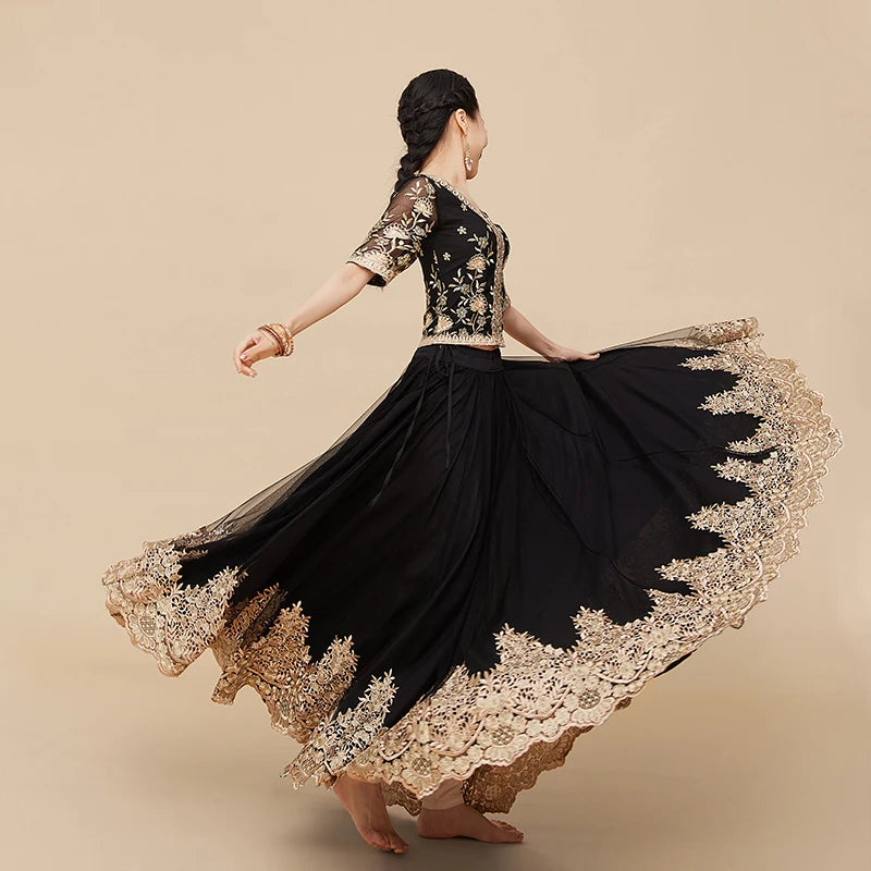 Yiman Exotic Indian Dance Gown Women's Dance Gown Temperament Wrapped Waist Show Thin Sari Top Large Swing Skirt Three Piece Set Novo Fusion - Chic Essentials for Life's Canvas