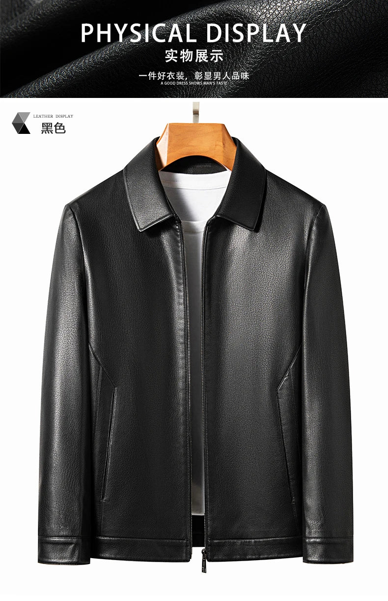 YN-2335 Spring and Autumn Men's Genuine Leather Polo Mock Neck Jacket Fashion Slim Sheepskin Coat Black Grey Husband Gift Youth - Novo Fusion