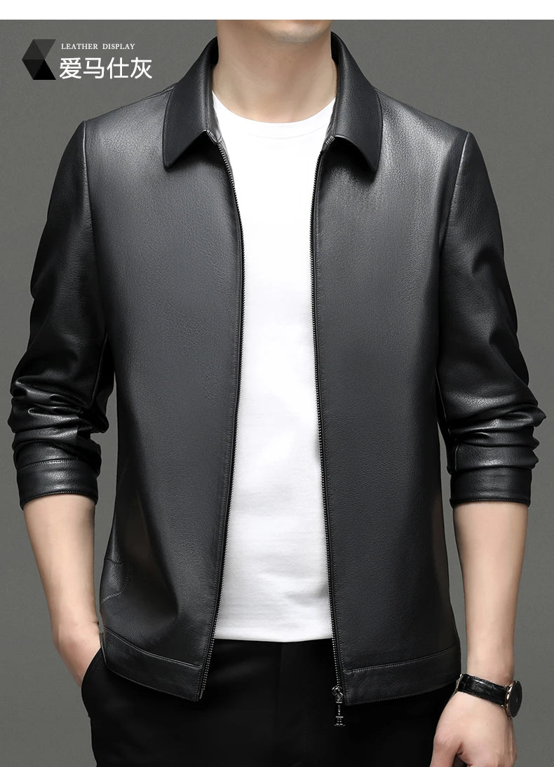 YN-2335 Spring and Autumn Men's Genuine Leather Polo Mock Neck Jacket Fashion Slim Sheepskin Coat Black Grey Husband Gift Youth - Novo Fusion