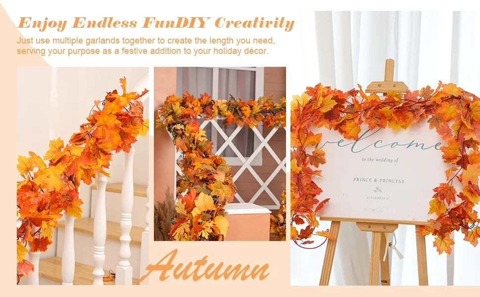 200cm Artificial Fall Maple Leaf Garland Autumn Leaves Fake Plant Garland for Festival Wedding Halloween Thanksgiving Room Decor - Novo Fusion