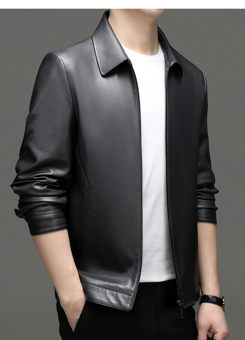 YN-2335 Spring and Autumn Men's Genuine Leather Polo Mock Neck Jacket Fashion Slim Sheepskin Coat Black Grey Husband Gift Youth - Novo Fusion