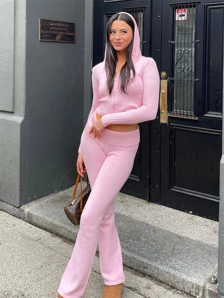 TARUXY Women Spring Outfits Casual Zipper Sweater Hoodie Set High Waist Flare Pants Suits Pink Knitted Womens Y2k Two Piece Set - Novo Fusion