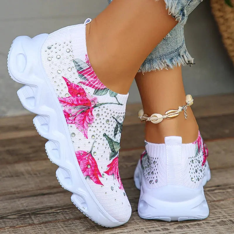 Lucyever Plus Size Printed Platform Sneakers Woman Fashion Shining Crystals Flat Shoes for Women Breathable Mesh Walking Shoes - Novo Fusion