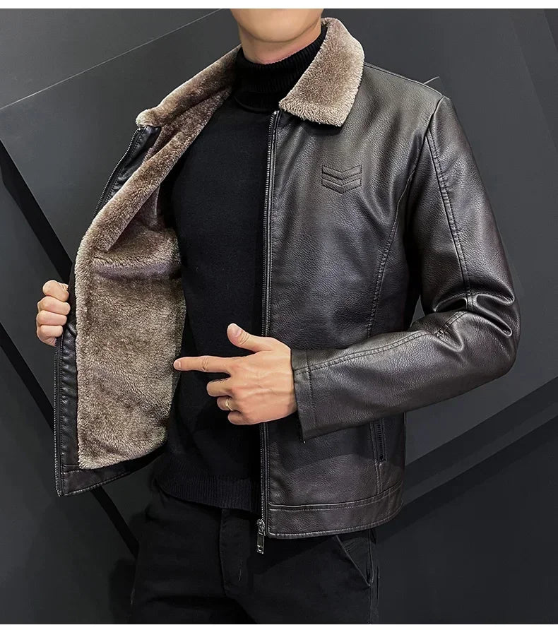 Warm Coat Brand Leather jackets Men's Luxury Clothing Vintage Brown Leather Jacket Men's Winter Faux Fur Collar Windproof - Novo Fusion