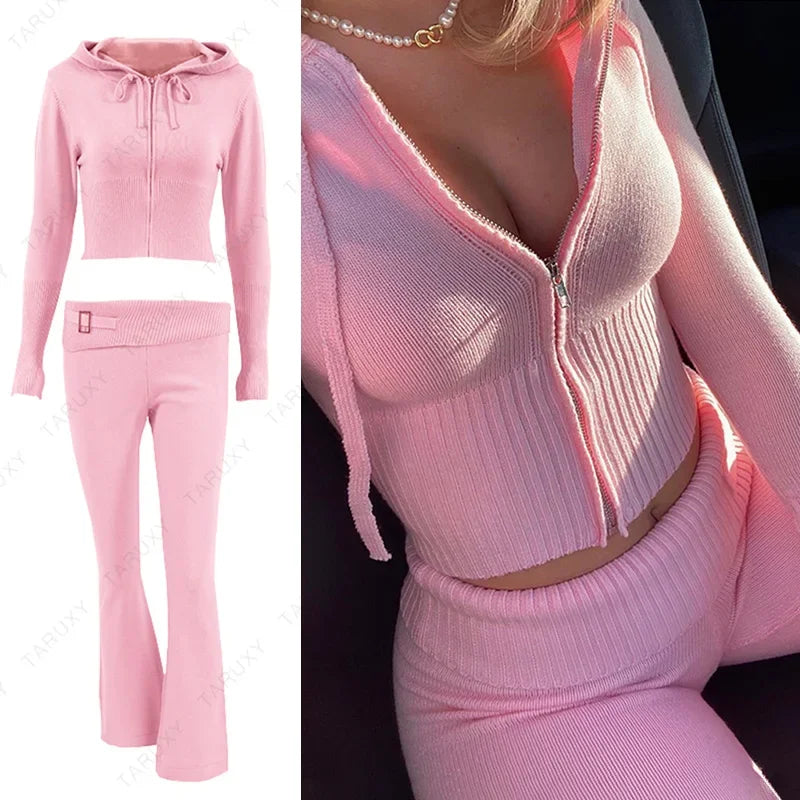 TARUXY Women Spring Outfits Casual Zipper Sweater Hoodie Set High Waist Flare Pants Suits Pink Knitted Womens Y2k Two Piece Set - Novo Fusion
