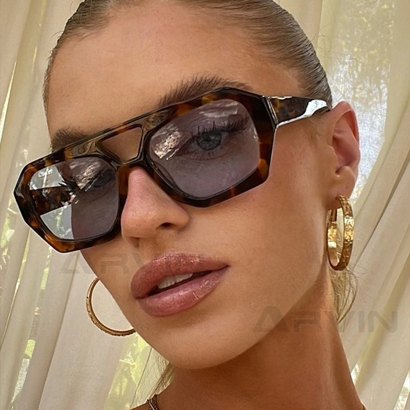 Vintage Square Sunglasses for Women Men Thick Frame Double Bridges Eyewear Female Fashion Chic Polygon Sun Glasses Leopard Blue - Novo Fusion
