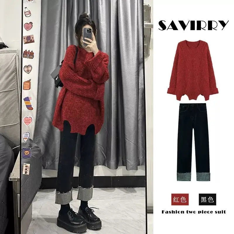 Women 2023 Autumn Winter New Suits O-neck Sweater Knit Pullover Tops Female Straight Denim Pants Ladies Two Piece Sets R603 - Novo Fusion
