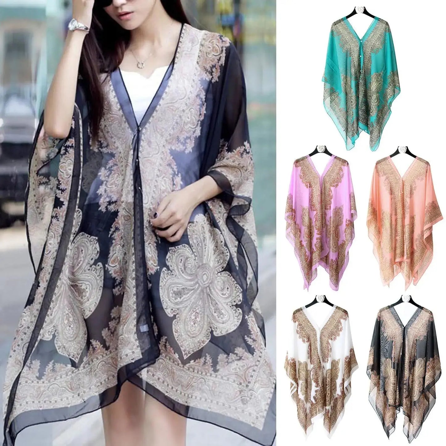 Woman Chiffon Blouse Fashion Women Scarf Shawl Printed Sunscreen Sun Protection Shawl Beach Shawl Soft Loose Bikini Cover Tops - Novo Fusion