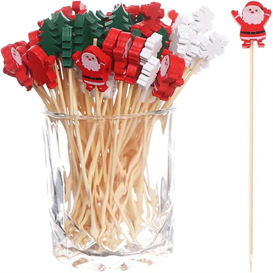 50pcs Christmas Fruit Stickers Santa Claus Snowman Xmas Tree Disposable Bamboo Sticks Merry Christma Cupcake Cake Decor 2024 - Novo Fusion