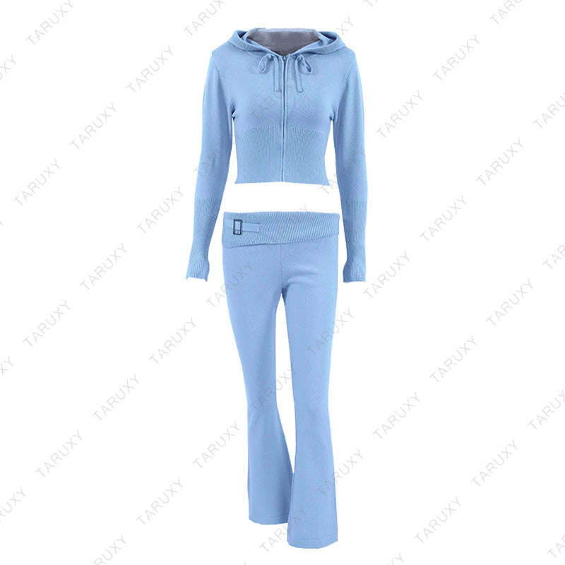 TARUXY Women Spring Outfits Casual Zipper Sweater Hoodie Set High Waist Flare Pants Suits Pink Knitted Womens Y2k Two Piece Set - Novo Fusion