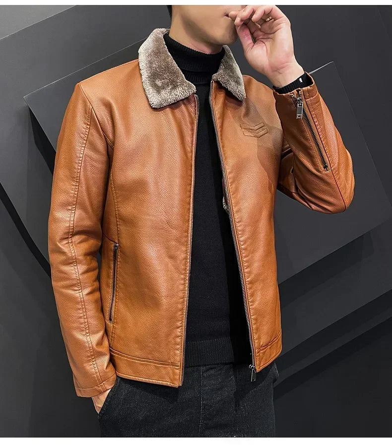 Warm Coat Brand Leather jackets Men's Luxury Clothing Vintage Brown Leather Jacket Men's Winter Faux Fur Collar Windproof - Novo Fusion