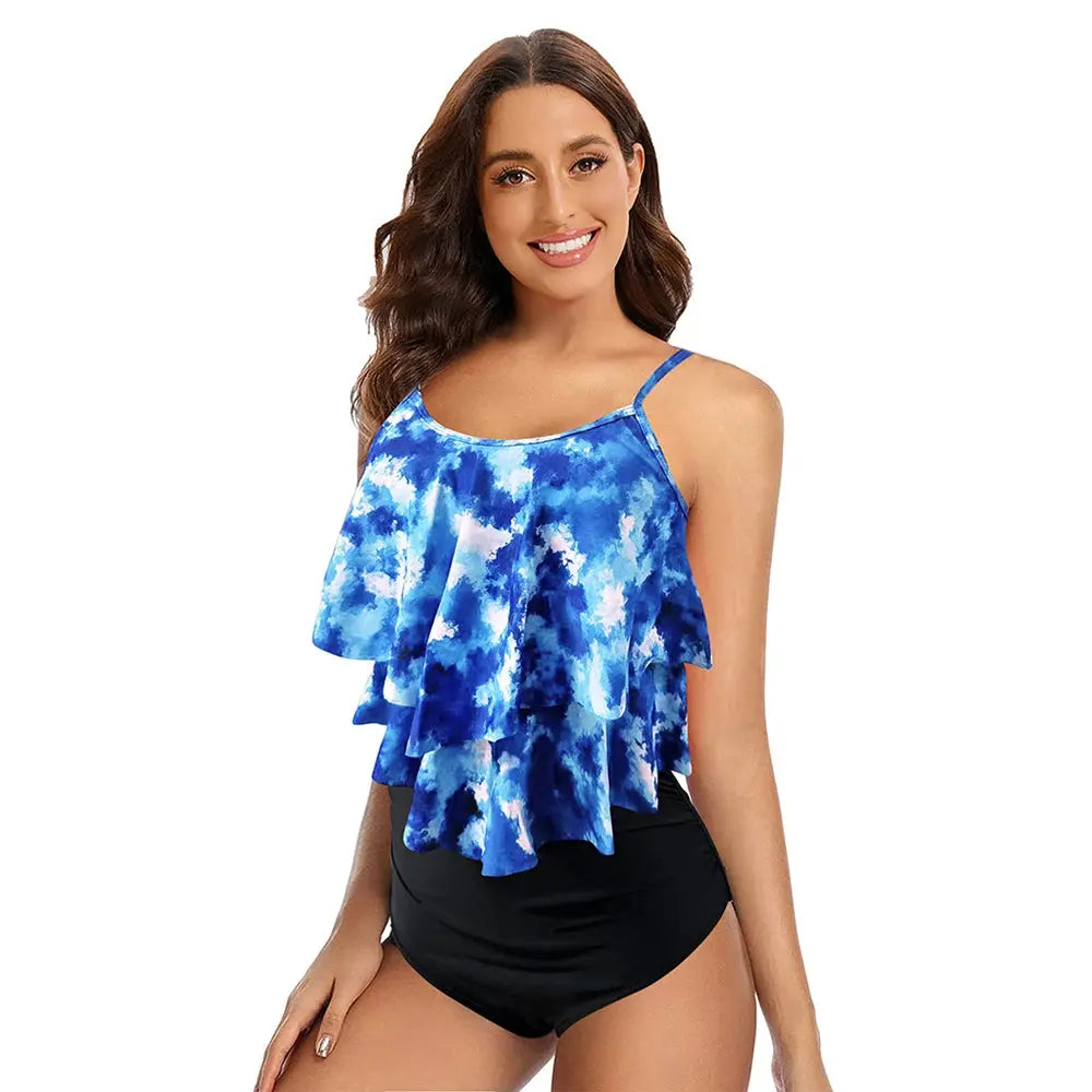8 Colors Women Ruffled Tankini Set Padded Top With Adjustable Shoulder Straps Elastic Slim Knitted High Waisted Beachwear 2024 - Novo Fusion