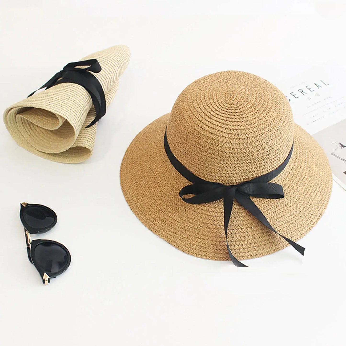 Summer Straw Hat Big Wide Brim Foldable Beach Sun Hat Straw Floppy Sun Block UV Protection Hat Ladies Outdoor Travel Straw Hat - Novo Fusion