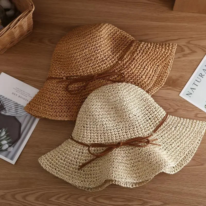Beach Hats Adults Female Sunscreen Cap Simple Women Straw Hats Summer Sun Hats for Women Lady Folding Bow Travel Caps Female - Novo Fusion