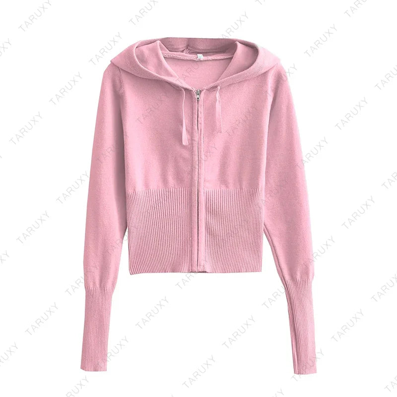 TARUXY Women Spring Outfits Casual Zipper Sweater Hoodie Set High Waist Flare Pants Suits Pink Knitted Womens Y2k Two Piece Set - Novo Fusion