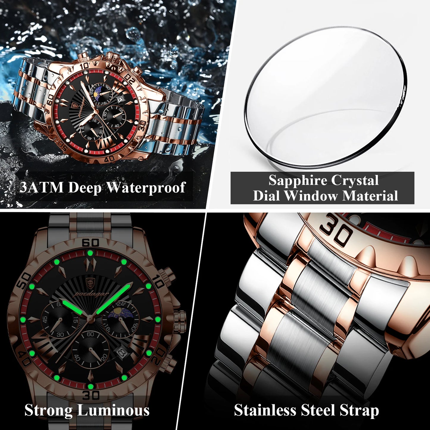 POEDAGAR Luxury High Quality Watch for Man Waterproof Luminous Chronograph Date Men Watch Stainless Steel Quartz Men's Watches - Novo Fusion