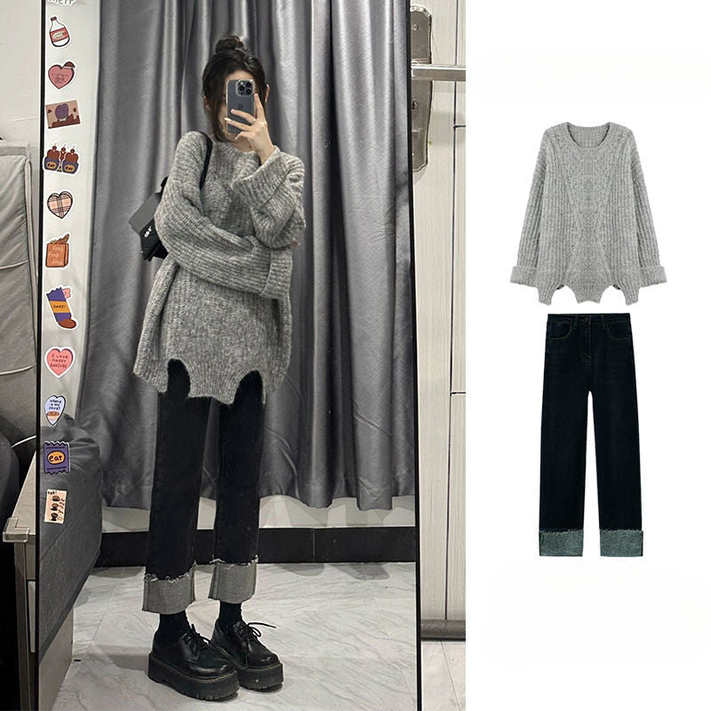Women 2023 Autumn Winter New Suits O-neck Sweater Knit Pullover Tops Female Straight Denim Pants Ladies Two Piece Sets R603 - Novo Fusion
