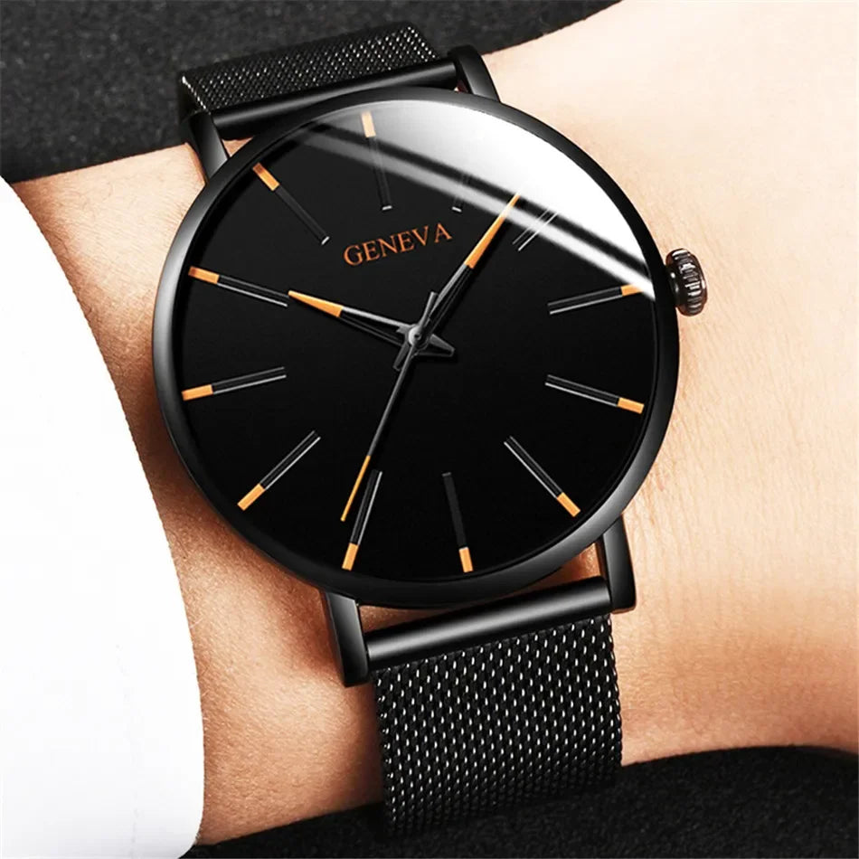 2024 New Mens Fashion Watches Luxury Ultra Thin Stainless Steel Mesh Strap Quartz Watch Rose Gold Men Watch Gifts Reloj Hombre - Novo Fusion