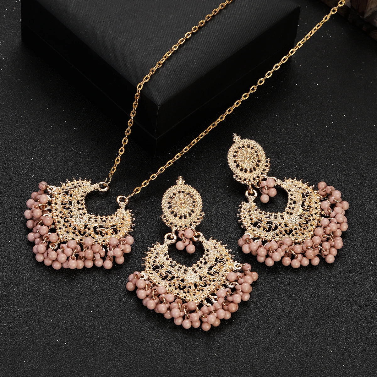 Indian Jewelry Set for Women Bijoux Retro Gold Plated Round Beads Tassel Earring Necklace Sets Ethnic Vintage Wedding Jewelry Novo Fusion - Chic Essentials for Life's Canvas