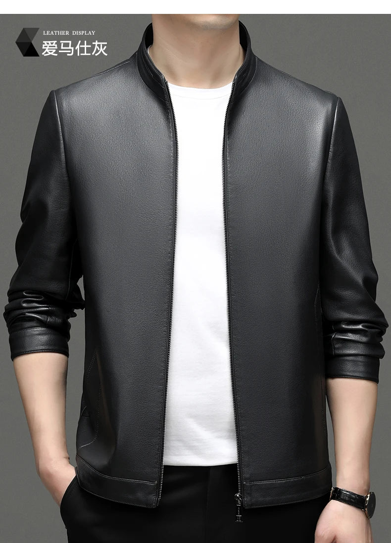 YN-2335 Spring and Autumn Men's Genuine Leather Polo Mock Neck Jacket Fashion Slim Sheepskin Coat Black Grey Husband Gift Youth - Novo Fusion
