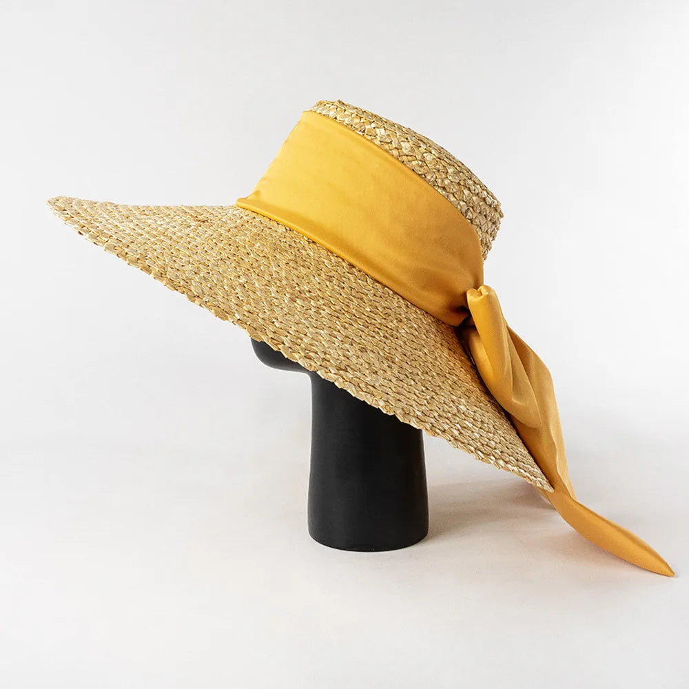 High-quality hand-knitted petal Wheat Straw flat top large eaves basin hat women's fashion big bow beach sun shade straw hat - Novo Fusion