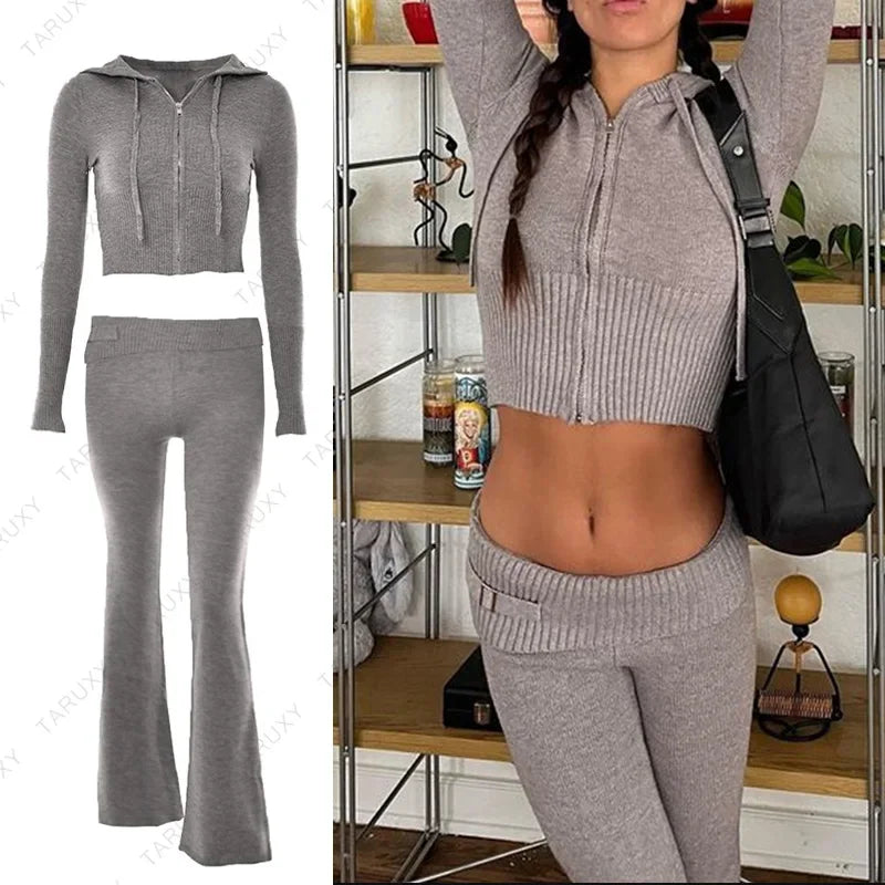 TARUXY Women Spring Outfits Casual Zipper Sweater Hoodie Set High Waist Flare Pants Suits Pink Knitted Womens Y2k Two Piece Set - Novo Fusion