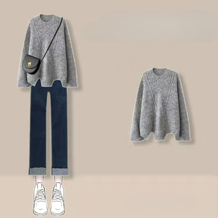 Women 2023 Autumn Winter New Suits O-neck Sweater Knit Pullover Tops Female Straight Denim Pants Ladies Two Piece Sets R603 - Novo Fusion