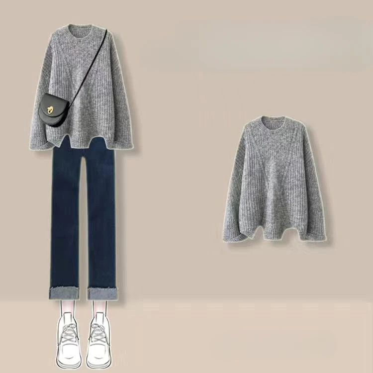 Women 2023 Autumn Winter New Suits O-neck Sweater Knit Pullover Tops Female Straight Denim Pants Ladies Two Piece Sets R603 - Novo Fusion