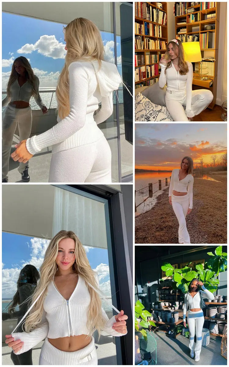 TARUXY Women Spring Outfits Casual Zipper Sweater Hoodie Set High Waist Flare Pants Suits Pink Knitted Womens Y2k Two Piece Set - Novo Fusion
