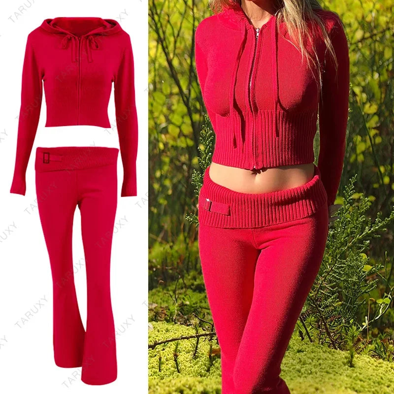 TARUXY Women Spring Outfits Casual Zipper Sweater Hoodie Set High Waist Flare Pants Suits Pink Knitted Womens Y2k Two Piece Set - Novo Fusion