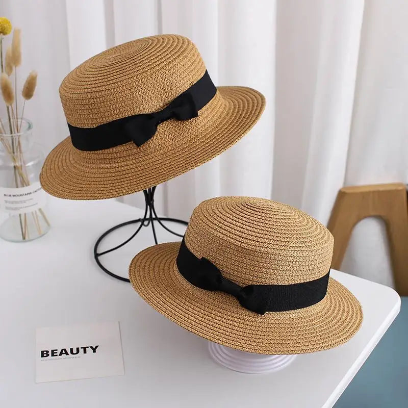 New Summer Parent-Child Bucket Cap Women Sun Visor Bowknot Straw Hat Girls Outdoor Beach Travel Sunshade Wide Cap - Novo Fusion