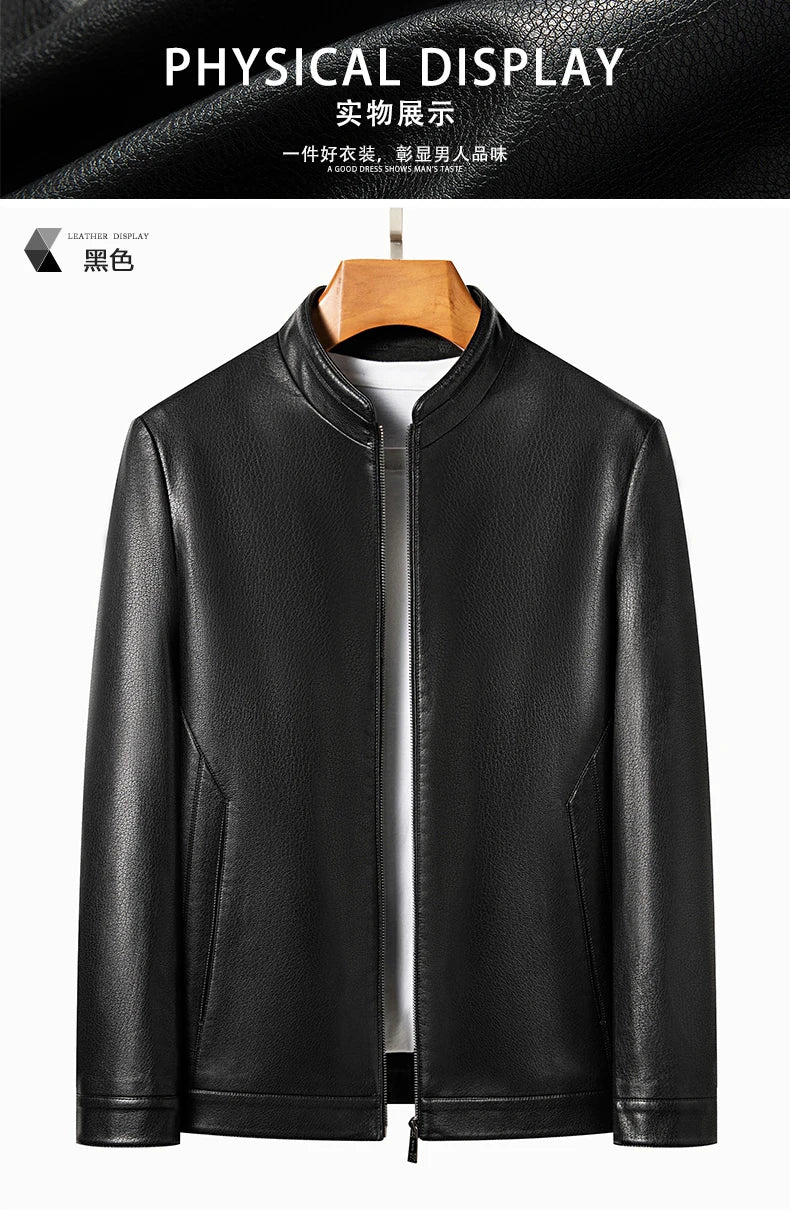 YN-2335 Spring and Autumn Men's Genuine Leather Polo Mock Neck Jacket Fashion Slim Sheepskin Coat Black Grey Husband Gift Youth - Novo Fusion