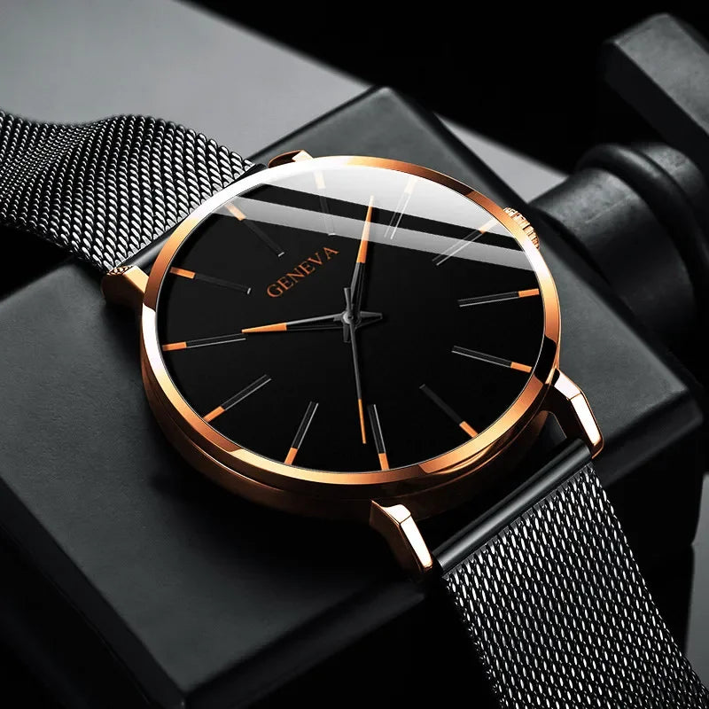 2024 New Mens Fashion Watches Luxury Ultra Thin Stainless Steel Mesh Strap Quartz Watch Rose Gold Men Watch Gifts Reloj Hombre - Novo Fusion