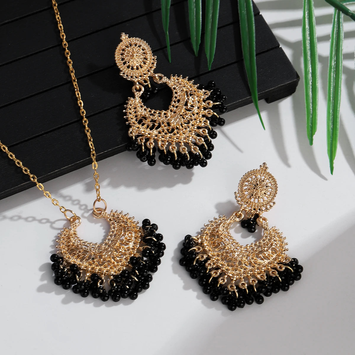Indian Jewelry Set for Women Bijoux Retro Gold Plated Round Beads Tassel Earring Necklace Sets Ethnic Vintage Wedding Jewelry Novo Fusion - Chic Essentials for Life's Canvas