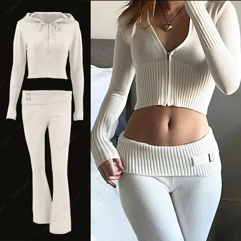 TARUXY Women Spring Outfits Casual Zipper Sweater Hoodie Set High Waist Flare Pants Suits Pink Knitted Womens Y2k Two Piece Set - Novo Fusion
