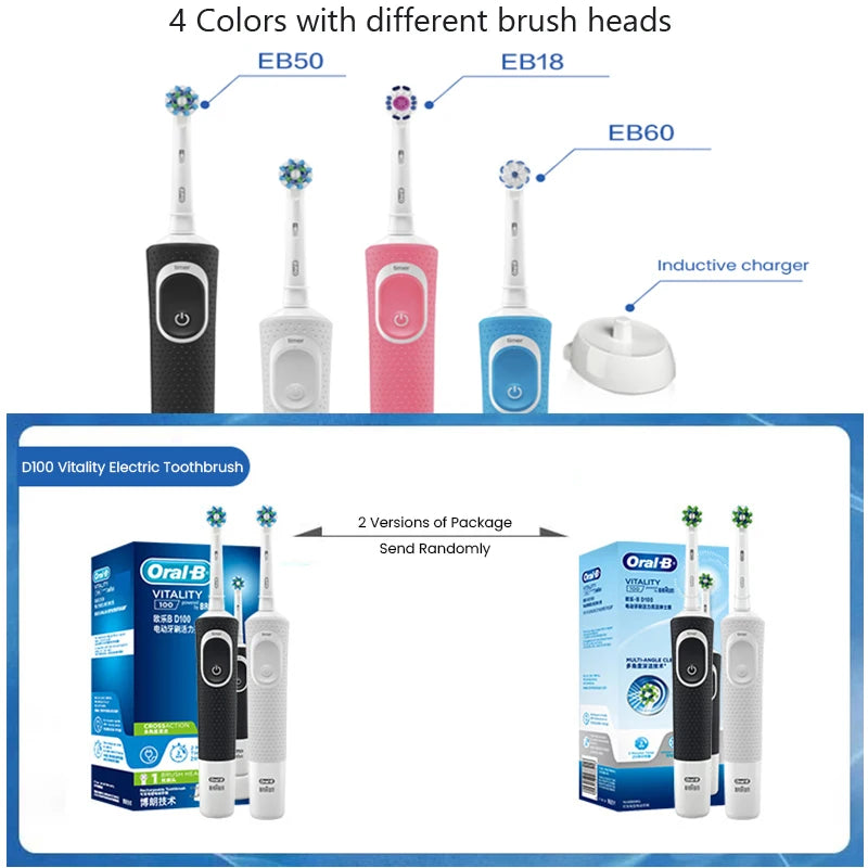 Oral B D100 Electric Toothbrush 2D Vitality Cleaning Teeth Brush Waterproof Electronic Teeth Brush Inductive Charger With Timer - Novo Fusion