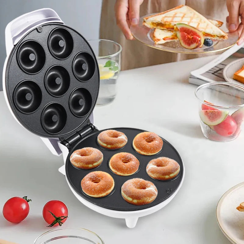 Mini Donut Maker Machine Non-stick Surface for Kids Breakfast Snack Desserts Makes 7 Doughnuts White Color Home Appliances - Novo Fusion