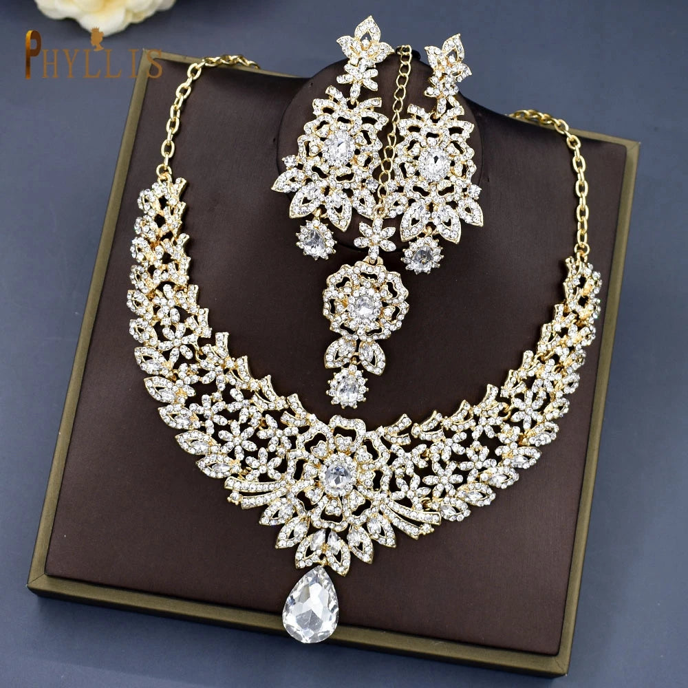 C30 Wedding Forehead Chain Necklace Earrings Set Dubai Jewelery Set Gifts for Women Indian African Bridal Hair Accessories Novo Fusion - Chic Essentials for Life's Canvas