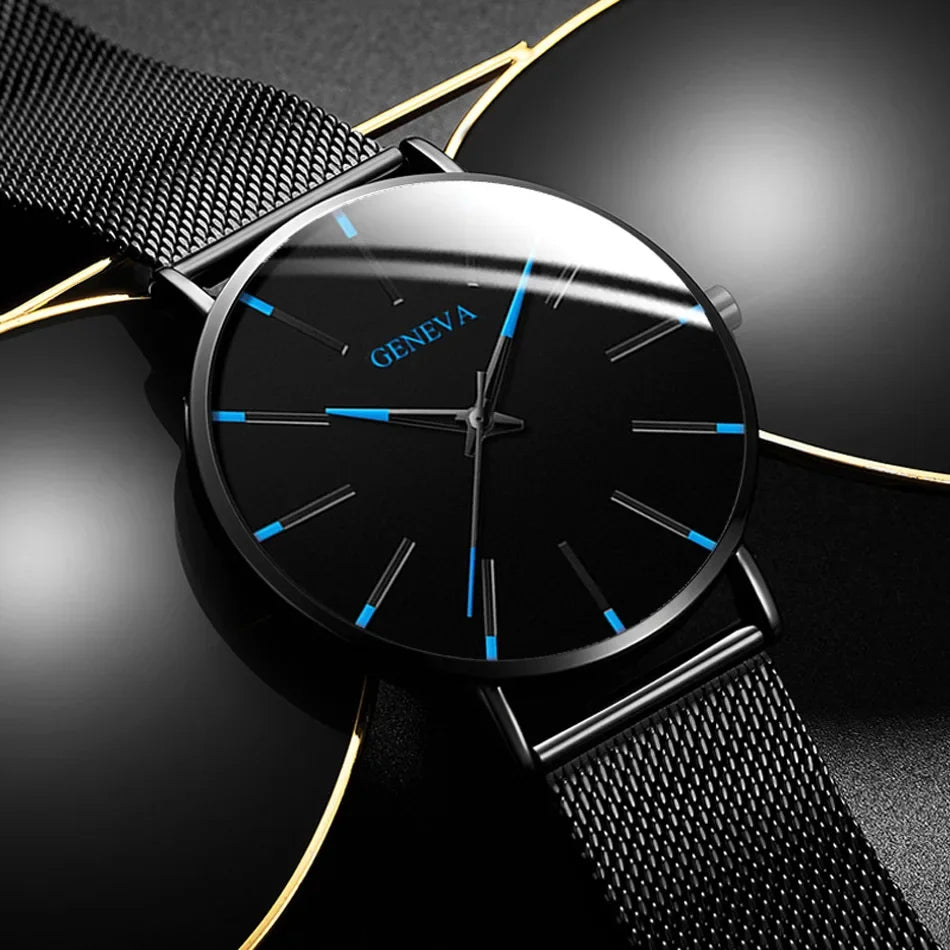 2024 New Mens Fashion Watches Luxury Ultra Thin Stainless Steel Mesh Strap Quartz Watch Rose Gold Men Watch Gifts Reloj Hombre - Novo Fusion