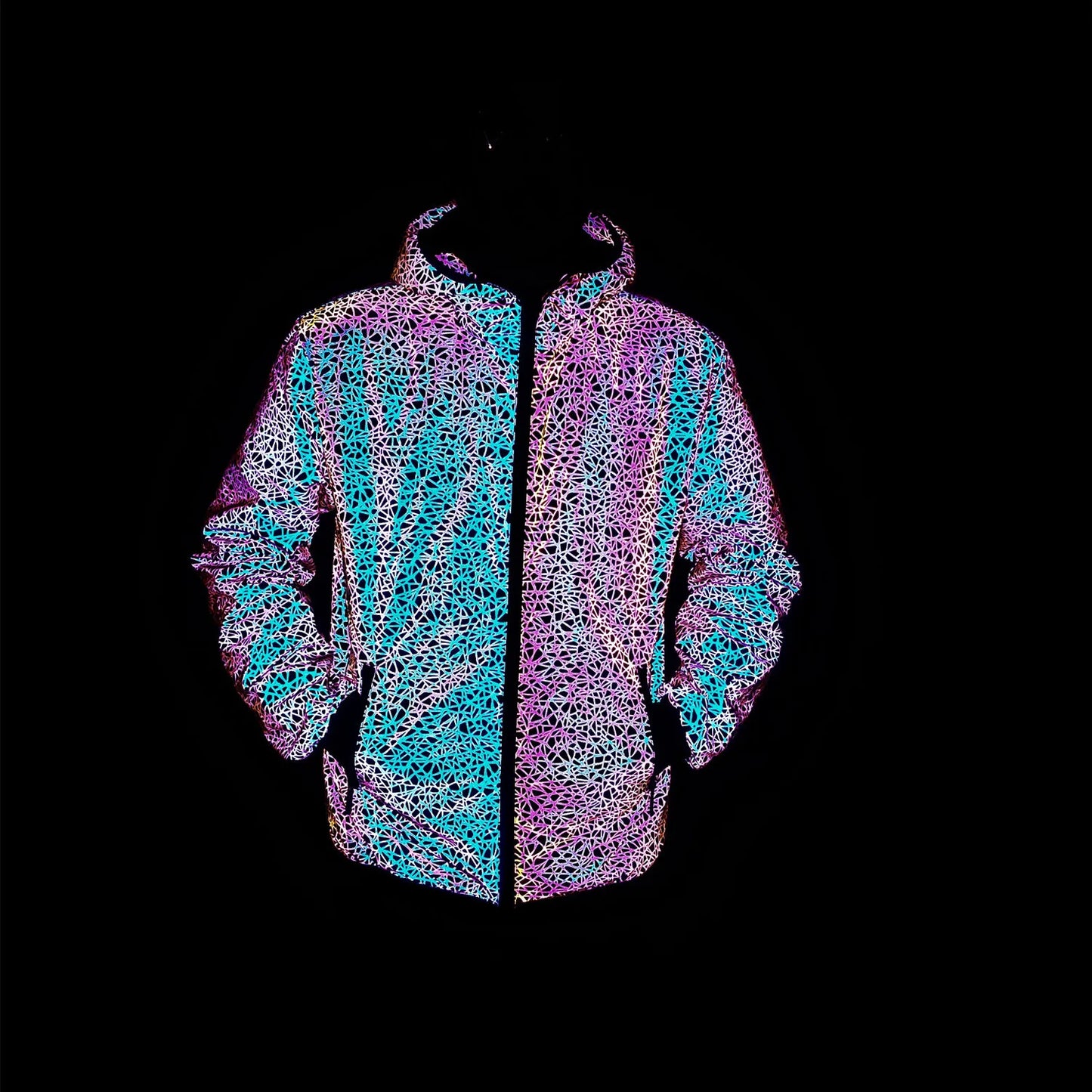 Autumn Winter Colorful Reflective Hooded Jacket Mens Harajuku Hip Hop Night Club Reflect Light Shiny Coats Windbreaker - Novo Fusion