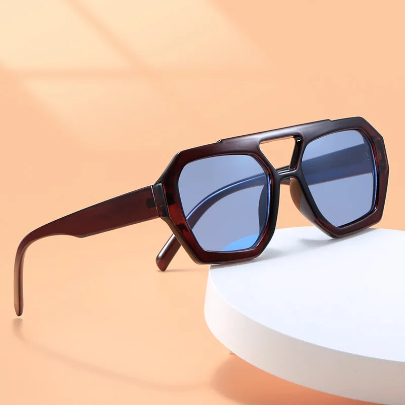 Vintage Square Sunglasses for Women Men Thick Frame Double Bridges Eyewear Female Fashion Chic Polygon Sun Glasses Leopard Blue - Novo Fusion