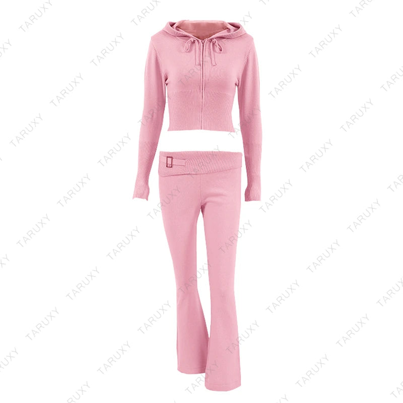TARUXY Women Spring Outfits Casual Zipper Sweater Hoodie Set High Waist Flare Pants Suits Pink Knitted Womens Y2k Two Piece Set - Novo Fusion
