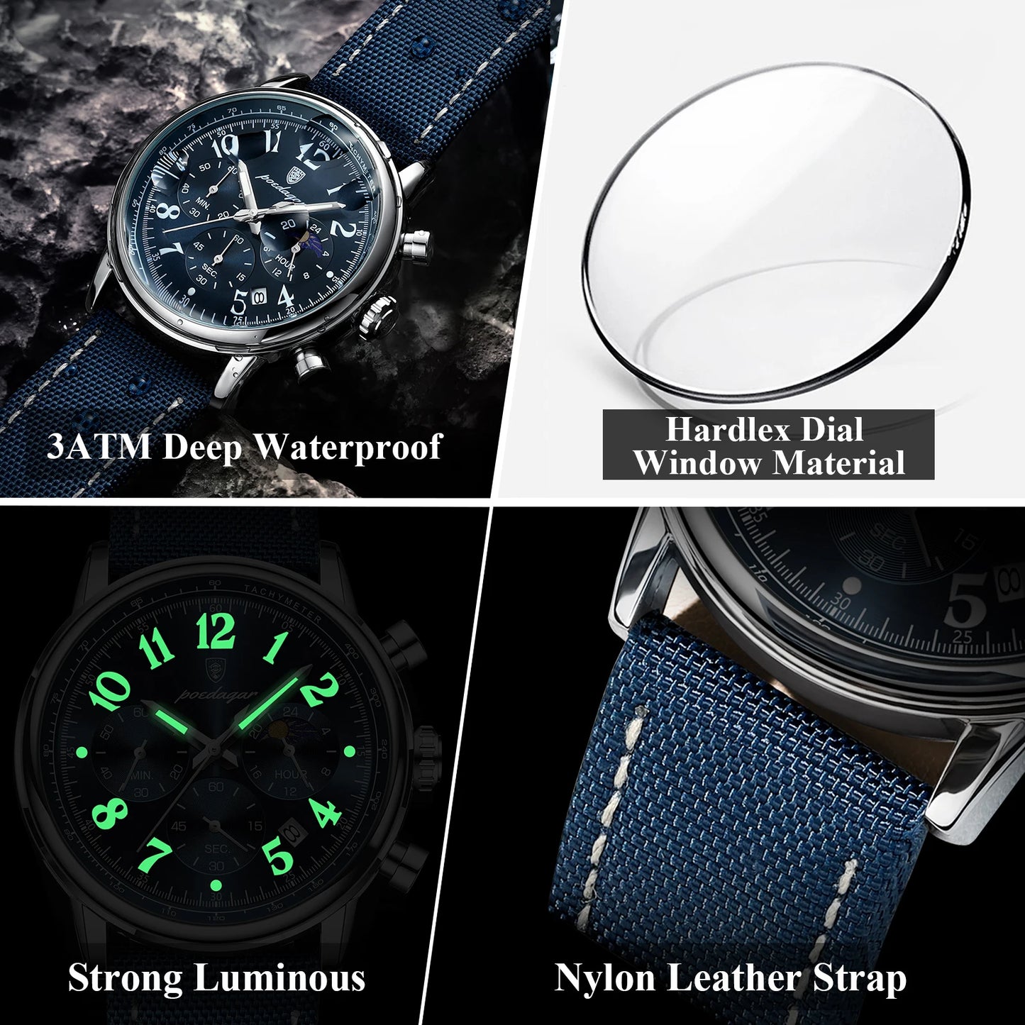 POEDAGAR Luxury Military Sports Watch for Man Waterproof Luminous Chronograph Date Men's Watches Quartz Nylon Leather Men Clock - Novo Fusion