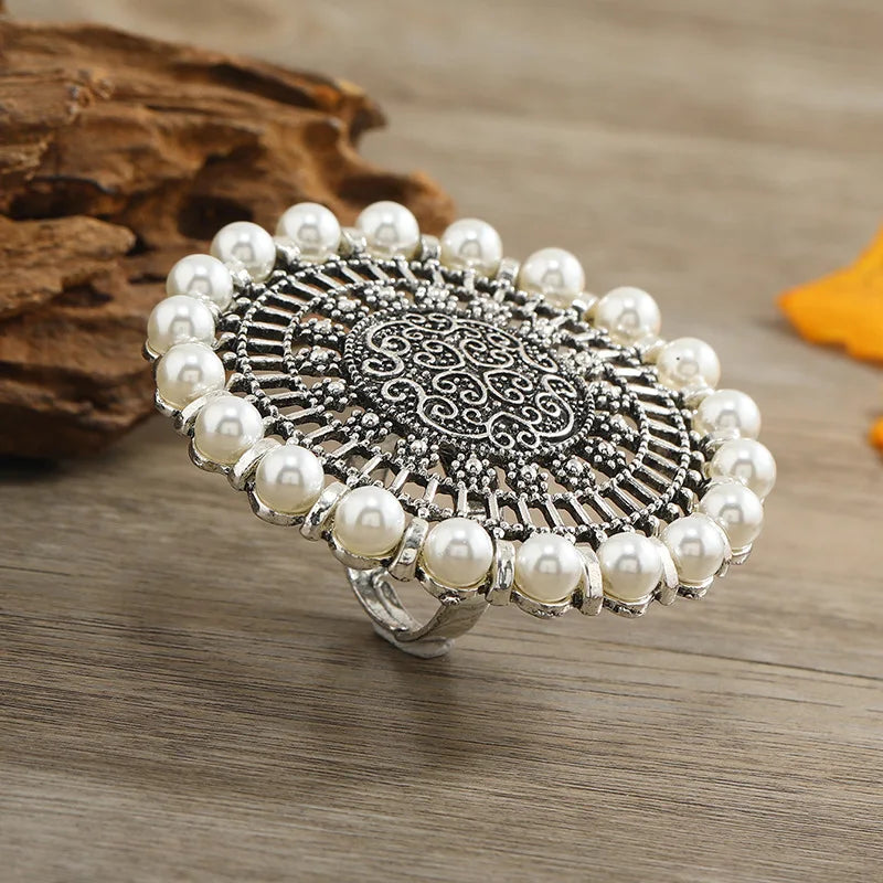 Indian Big Round Pearl Rings for Women Boho Oxidized Metal Adjustable Midi Finger Rings Anillos Stylish Female Party Jewelry Novo Fusion - Chic Essentials for Life's Canvas