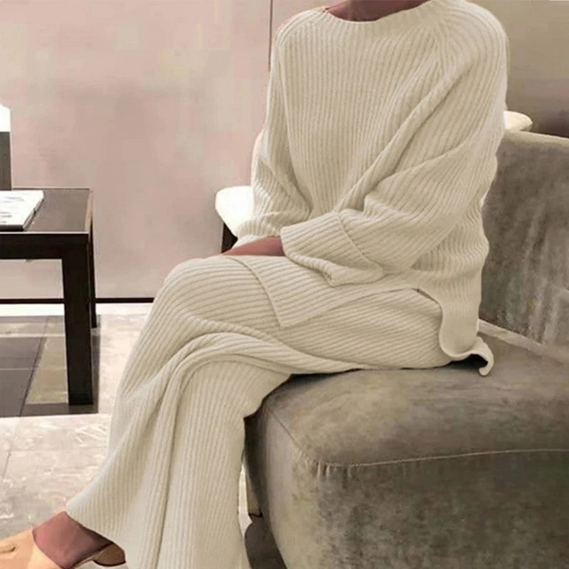2022 Knitted Sweater Suit Women Elegant Solid O-Neck Pullovers+Wide Leg Pants Suit Lady Autumn Winter Soft 2 Piece Set Homewear - Novo Fusion