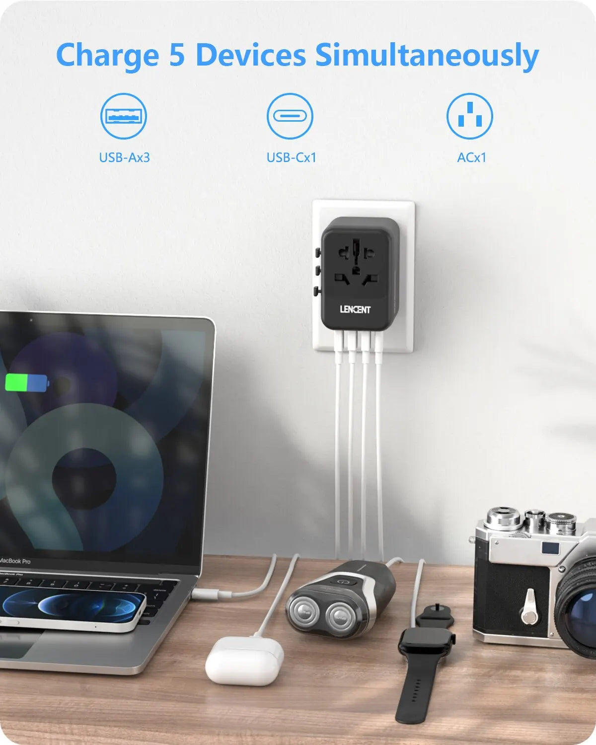 LENCENT Universal Travel Adapter with 3 USB Ports 1Type-C PD Charging All-in-one Travel Adapter EU/UK/USA/AUS Plug for Travel - Novo Fusion