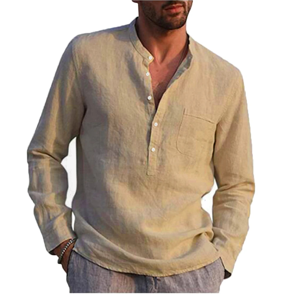 Cotton Linen Hot Sale Men's Long-Sleeved Shirts Summer Solid Color Stand-Up Collar Casual Beach Style Plus Size - Novo Fusion