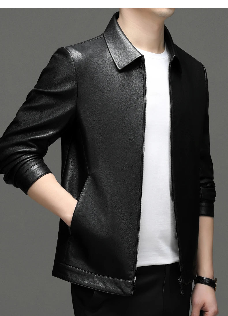 YN-2335 Spring and Autumn Men's Genuine Leather Polo Mock Neck Jacket Fashion Slim Sheepskin Coat Black Grey Husband Gift Youth - Novo Fusion