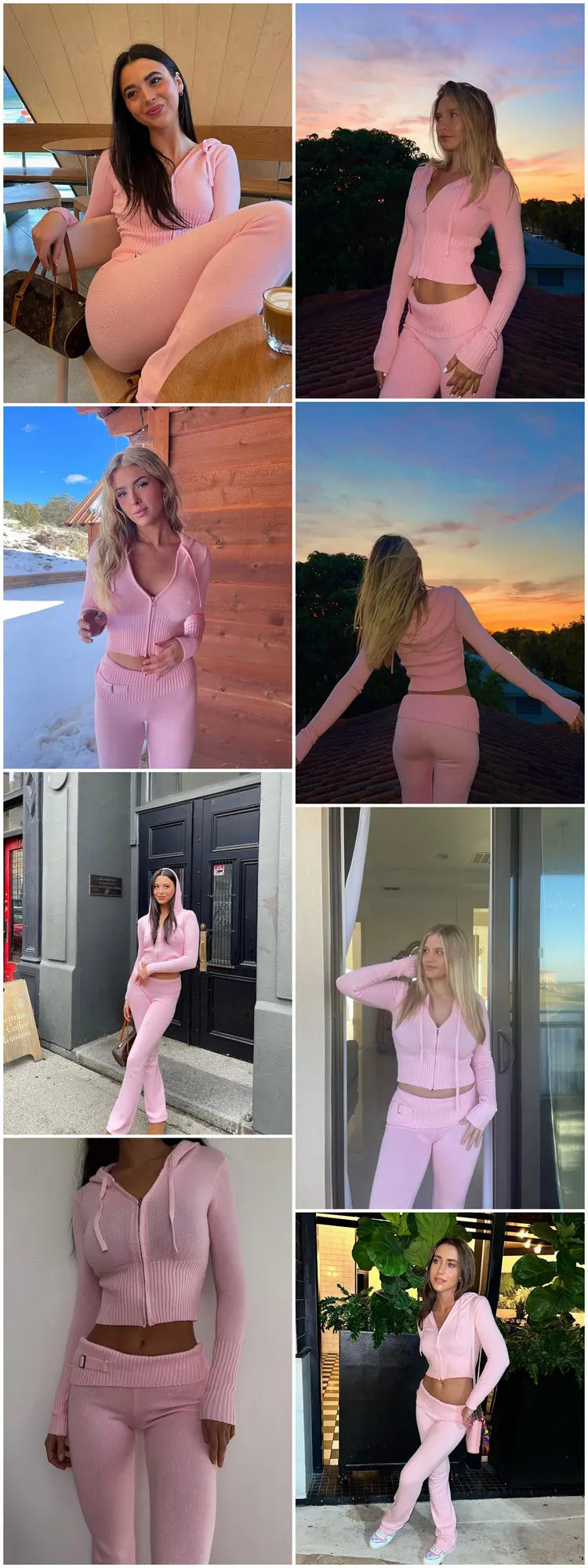 TARUXY Women Spring Outfits Casual Zipper Sweater Hoodie Set High Waist Flare Pants Suits Pink Knitted Womens Y2k Two Piece Set - Novo Fusion